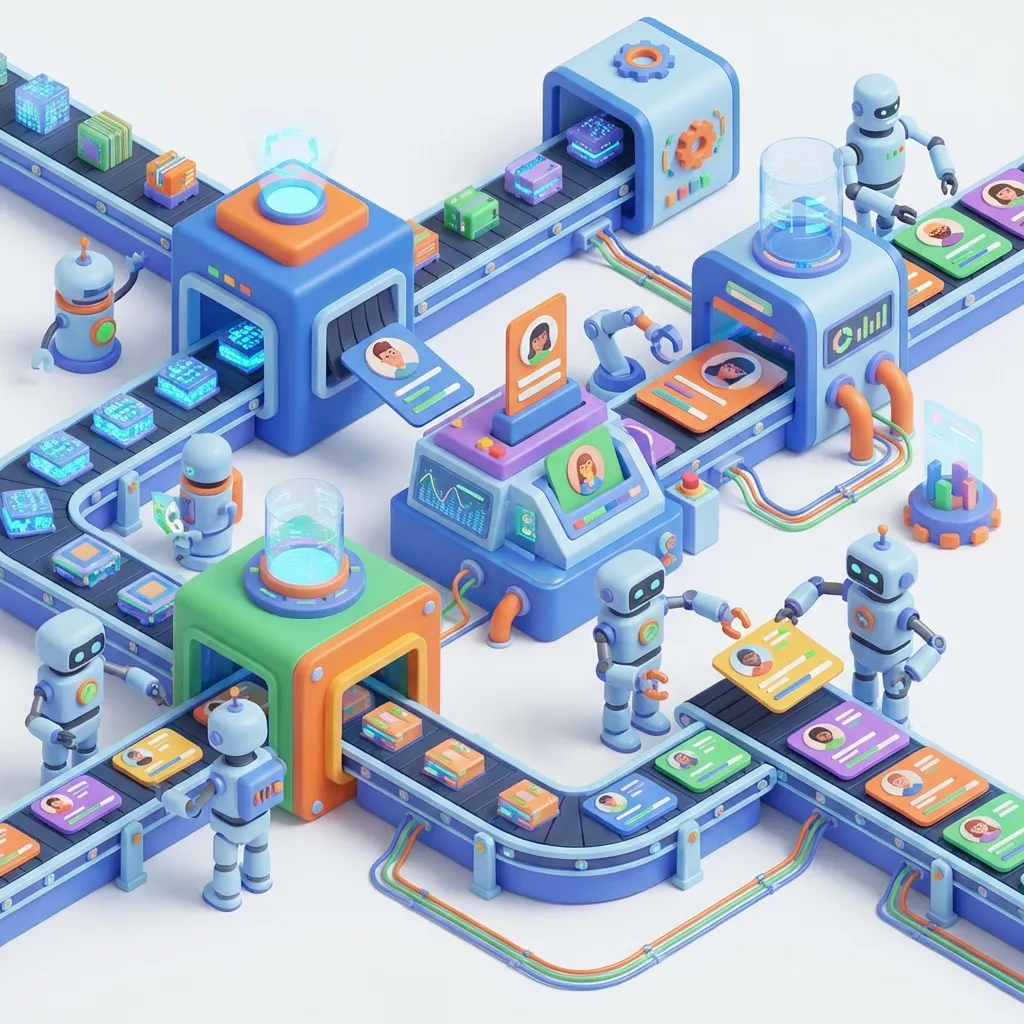 3D isometric illustration of a data processing factory, representing clean and efficient text transformation.