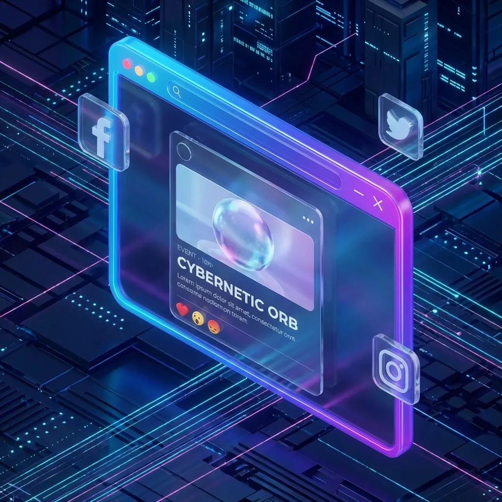 3D isometric illustration of a web browser window displaying a rich social media preview card with vibrant gradients.